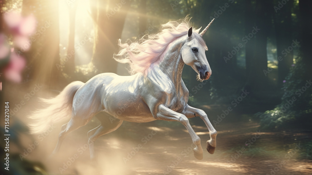 side view of a unicorn running, cinematic scene, profile view of unicorn created with Generative Ai