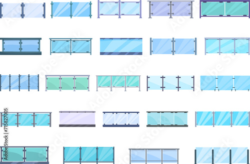Glass banister balcony icons set cartoon vector. Rail fence. Terrace metal photo