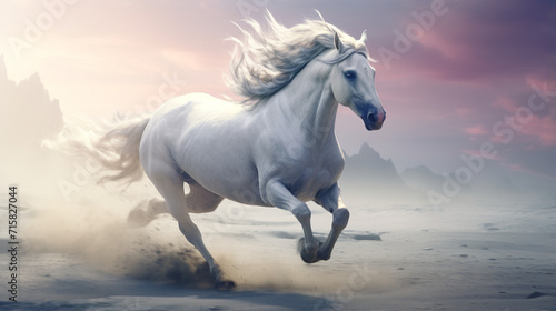 side view of a unicorn running, cinematic scene, profile view of unicorn created with Generative Ai