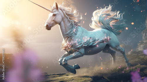 side view of a unicorn running  cinematic scene  profile view of unicorn created with Generative Ai