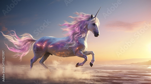 side view of a unicorn running  cinematic scene  profile view of unicorn created with Generative Ai