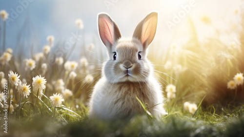 A easter bunny sits in the sunlight or beams in a field of grass of a nature background 