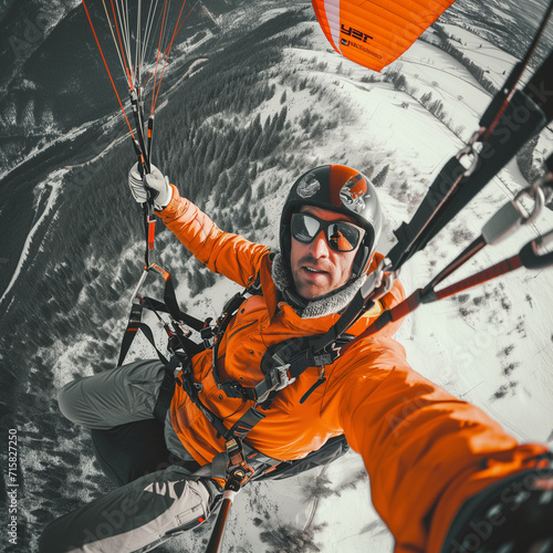man paragliding and taking a selfie on the windshield