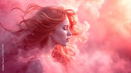 Unrealistic picture of a woman with long, flowing red hair in a pink smoky backdrop, Generative AI. photo