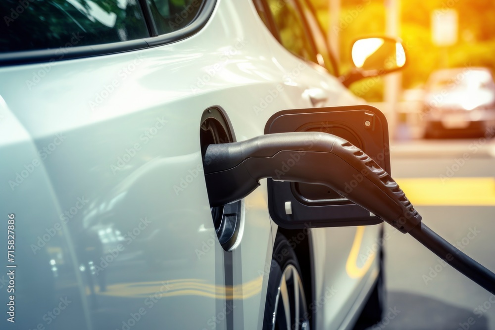 Close-up of an electric vehicle being charged in a city environment. Close-up of an electric vehicle being charged in a city environment.