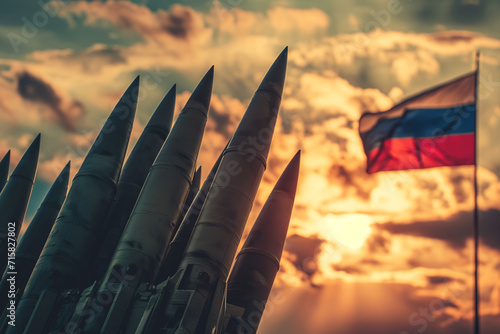 Silhouettes of rockets against the background of the Russian flag