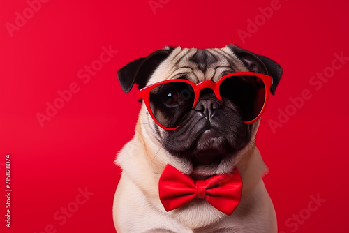 Cute pug wearing red sunglasses and a bow tie isolated on red background. Pug inlove. Valentine postcard with red hearts and lovely face dog. Valentine's day concept. Copy Space