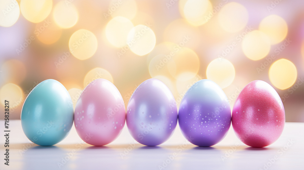 Six pastel colored easter eggs on a bokeh background Six pastel colored easter eggs on a bokeh background