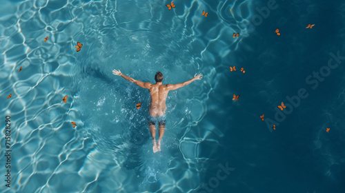 Young man swimming in a pool, aerial view from above © Argun Stock Photos