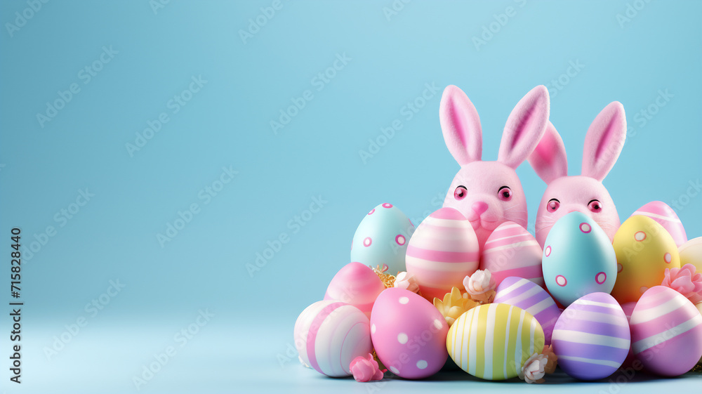 A bunch of pastel colored easter eggs and bunny ears on a isolated blue background A bunch of pastel colored easter eggs and bunny ears on a isolated blue background