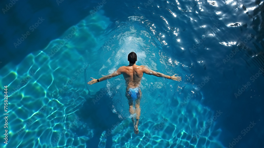 Young man swimming in a pool, aerial view from above, 3D rendering