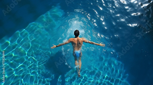 Young man swimming in a pool, aerial view from above, 3D rendering