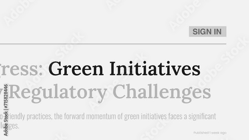 Term 'Green initiatives' highlighted on FAKE headlines news publications. Titles on white background. Can be used for editorial AND non editorial content as everything is 100% fake