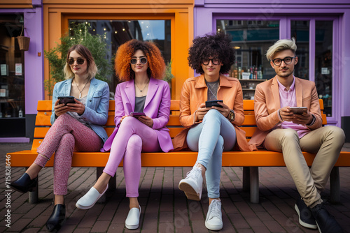 A group of stylish freaks sitting on a bench holding smartphones photo
