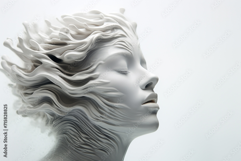 Fototapeta premium States of mind, fine art, beauty, make-up and fashion concept. Beautiful white woman abstract and surreal portrait silhouette made of white waves. Pure and bright background