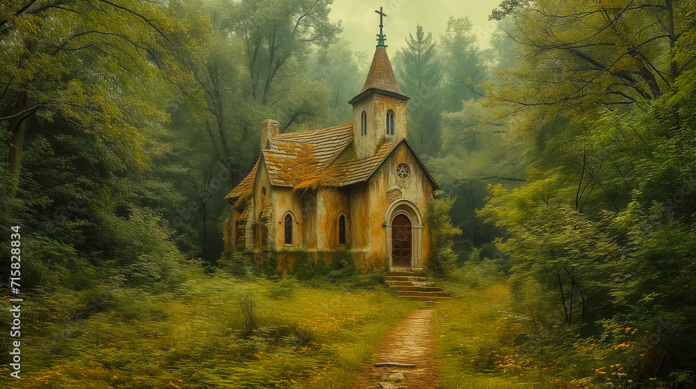 Old Church: Picturesque Painting, ai generated