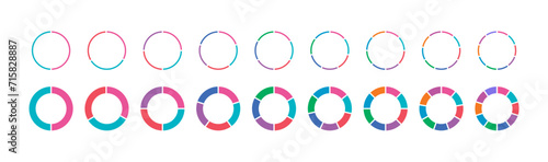 cut circles set. dashed colored circles. two, three, four, five, six, seven, eight, nine sliced circles