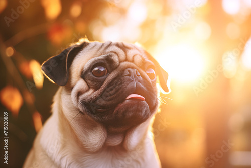 Cute little pug puppy on a beautiful green meadow looking happily at the camera. Cute dog is breathing heavily with his tongue hanging out. Good friend. A dog with a funny face. Summer sunset light