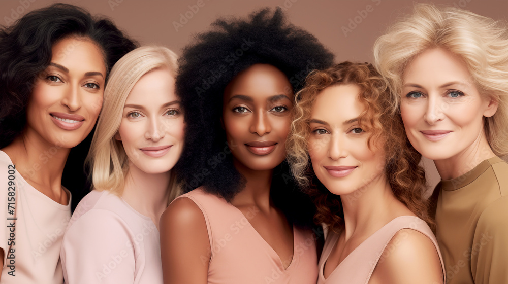 A multicultural, diverse group of women. Different skin types, hair, age. Body positive. Natural beauty. A multicultural, diverse group of women. Different skin types, hair, age. Body positive. Natural beauty.