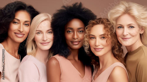 A multicultural, diverse group of women. Different skin types, hair, age. Body positive. Natural beauty.