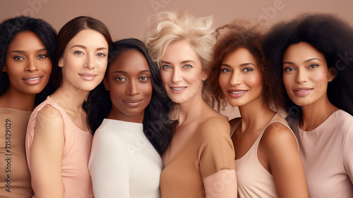 A multicultural, diverse group of women. Different skin types, hair, age. Body positive. Natural beauty.