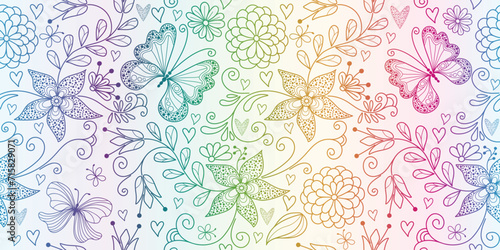 Vector seamless colorful floral valentines pattern with hearts and dotty butterflies in doodle style on a white background photo