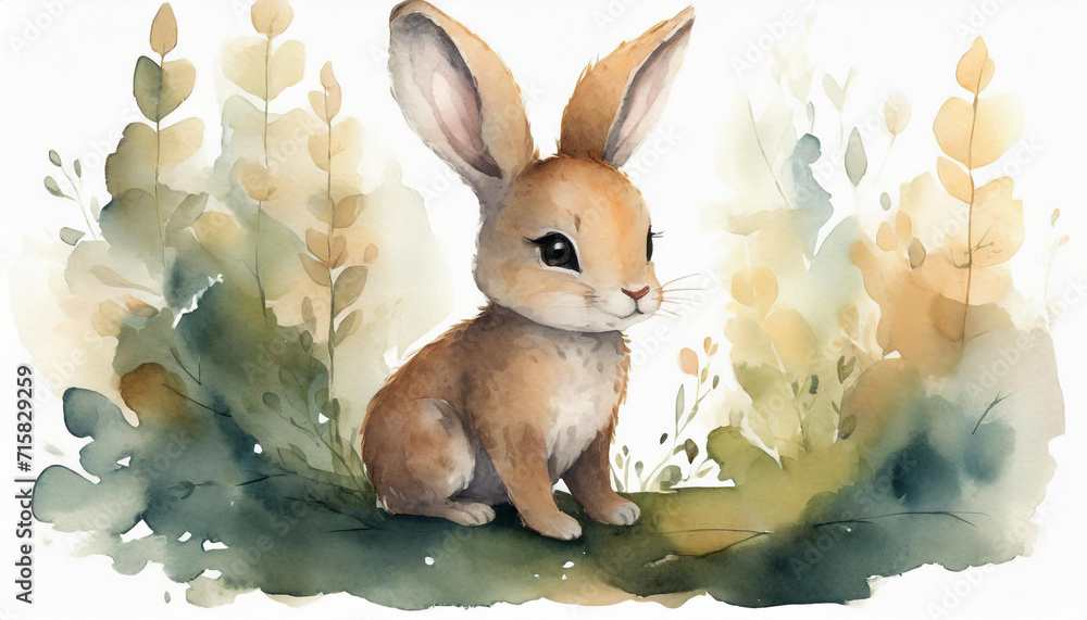 A flat illustration with a hare cub on a white background. The concept of wildlife, watercolor