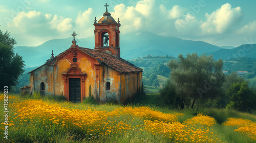 Old Church: Picturesque Painting, ai generated