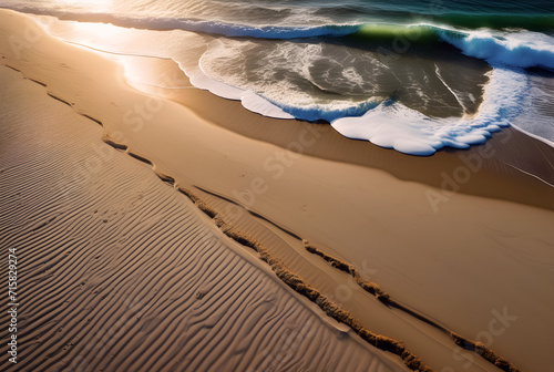 Ángulo aéreo revela la costa en toda su serenidad: olas suaves y arena dorada. Perfecta para proyectos turísticos y de bienestar. Hecho con IA. photo