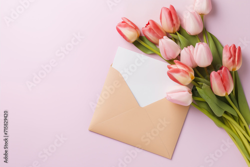A paper envelope with flowers. The concept of the holiday on March 8, International Women's Day, birthday, Valentine's day. A greeting card.