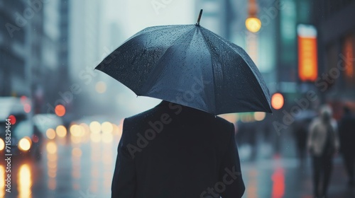 man in a suit with a black umbrella on a dark day in a congested city in high definition and quality