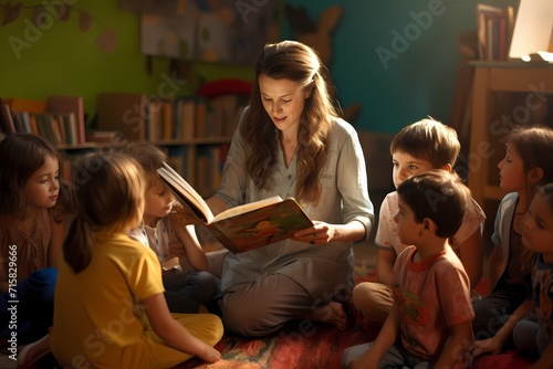 A teacher reading a storybook to a group of young students, capturing their imaginations and fostering a love for reading.