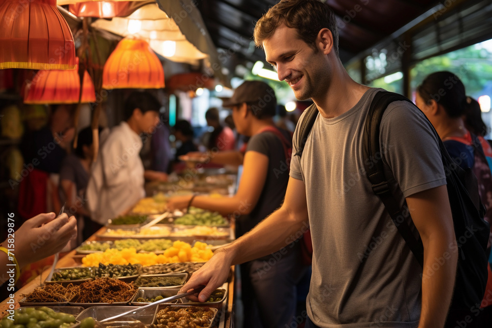 a tourist buys street food at a counter in asia