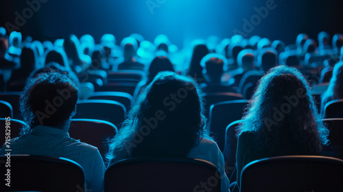An audience is seated in a darkened room, facing a stage, highlighted by blue stage lighting, focusing on the event or presentation.