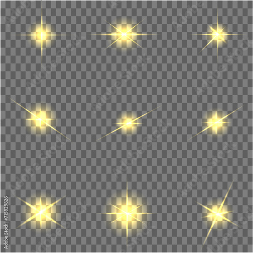 The yellow light of the sun, the flash of a star. Soft, glow transparent rays. Vector design element on isolated background.