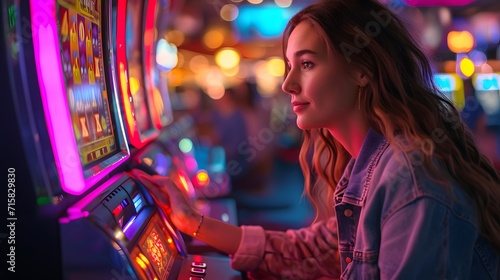 woman in casino,  woman playing a slot machine in a casino room at night time with people watching from the sidelines