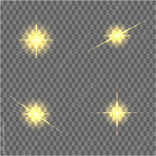 The yellow light of the sun, the flash of a star. Soft, glow transparent rays. Vector design element on isolated background.