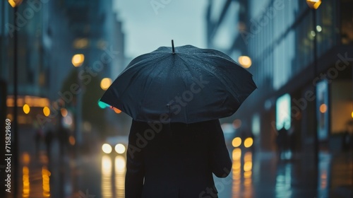 man in a suit with a black umbrella on a dark day in a city