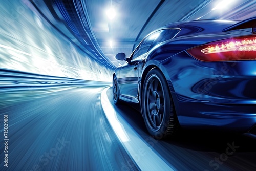 Experience the exhilaration of a high-speed journey as a blue business car races along a twisting highway © Silvana