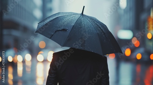 man in a suit with a black umbrella on a dark day in a congested city in high definition