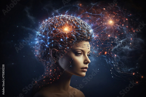 Futuristic woman with glowing brain. Artificial intelligence concept. 3D rendering