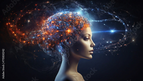 3D rendering of a female head with an abstract glowing brain.Telepathic communication  communications through the mind.