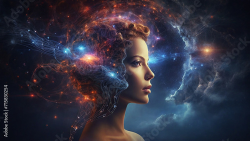 Beautiful woman with creative hairstyle in fantasy space Telepathic communication.3d rendering