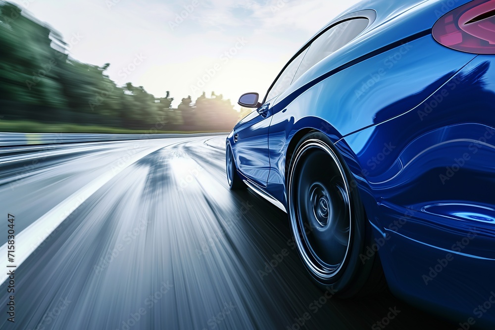 Experience the exhilaration of a high-speed journey as a blue business car races along a twisting highway Experience the exhilaration of a high-speed journey as a blue business car races along a twisting highway