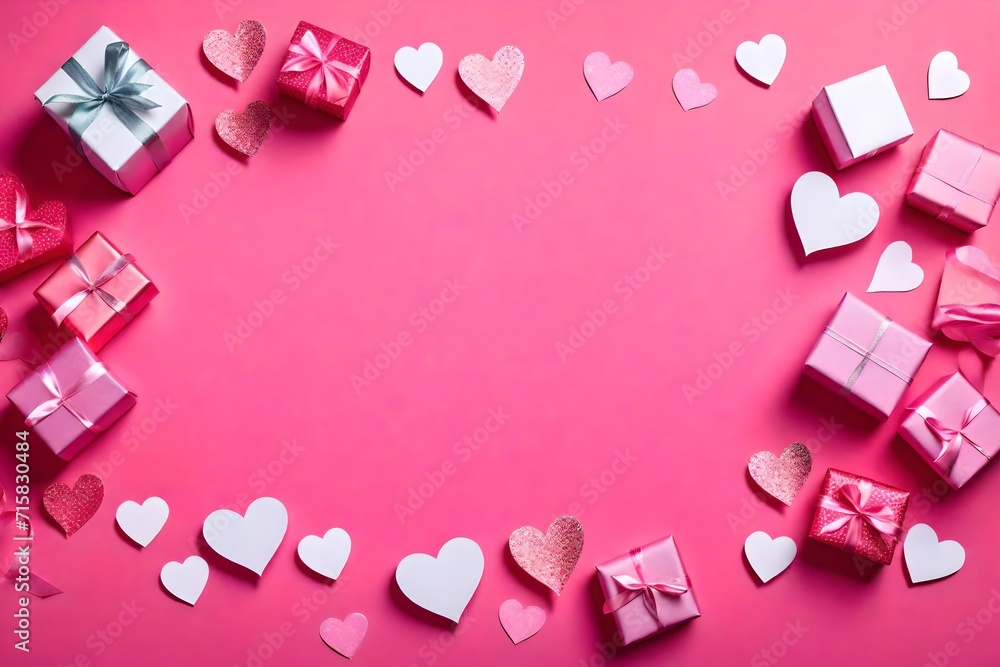 Valentine pink hearts and gift boxes on pink background