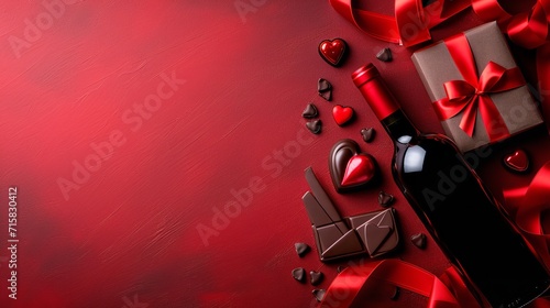 Valentine's Day red wine bottle with present and chocolate heart shape on a spotless surface, Generative AI.