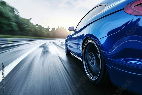 Experience the exhilaration of a high-speed journey as a blue business car races along a twisting highway