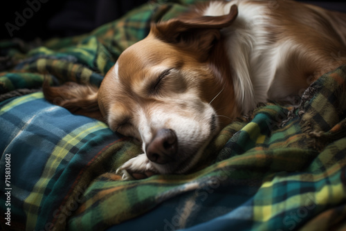 Young dog terrier sleeping on a checkered knitted plaid on the bed. Small hound beagle dog sleeping snuggly and warm on a green blue wool blanket. Cozy ambience at home photo