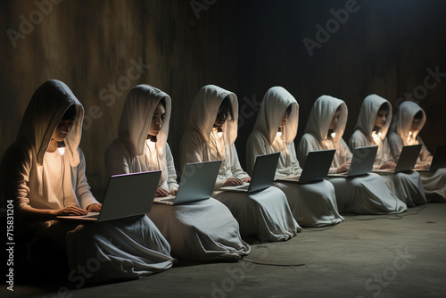 a group of women sit in a row with laptops