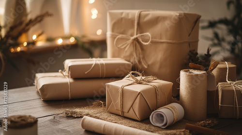 Kraft paper used in packaging and gift wrapping. Artisanal and homemade concept, craftsmanship and care. Ideal for a DIY or small business packaging theme